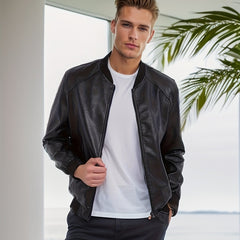 Men's Fleece Faux Leather Jacket - Zip Up Lapel - Fall/Winter