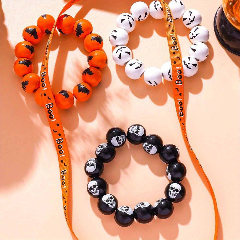 4pcs Halloween Bracelet Wooden Bead Skull Element