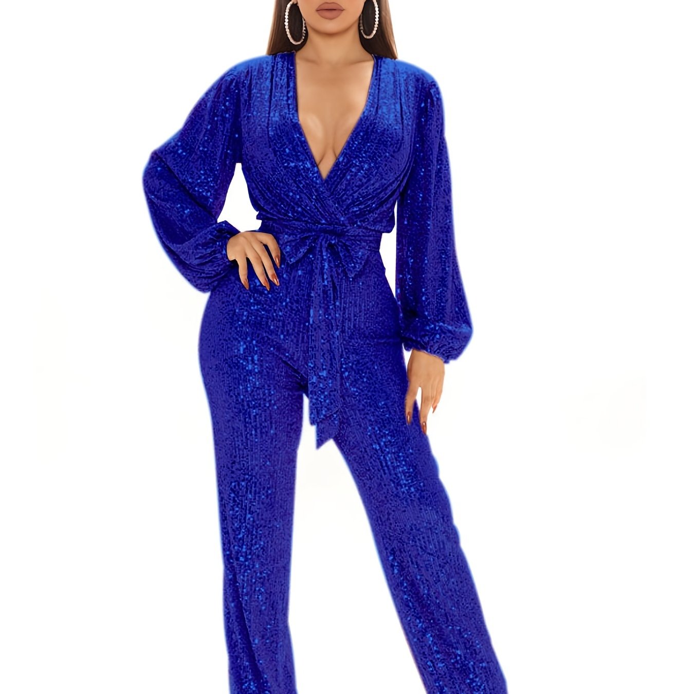 Sequin Deep V Neck Jumpsuit Long Sleeve Tie Waist Long Length Jumpsuit