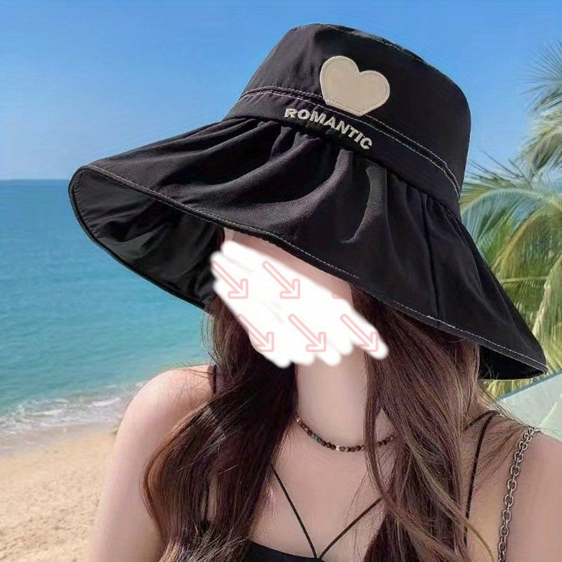 Romantic Heart Embroidery Sun Hat UV Protection Wide Brim Bucket Hat