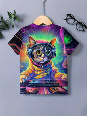 Cat DJ 3D Print Boy's T-Shirt Kids Casual Short Sleeve Breathable
