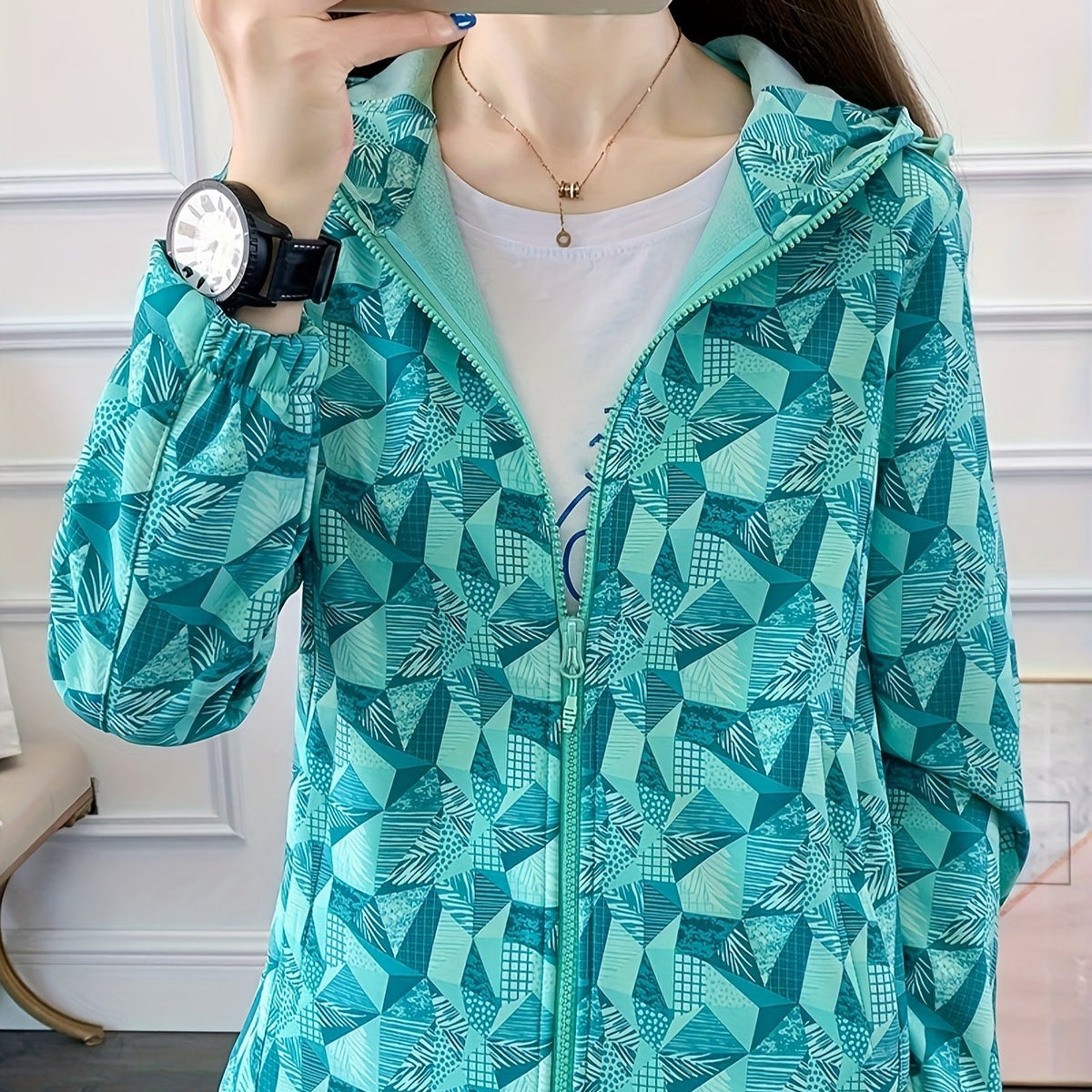 Zipper Fleece Lined Hooded Sports Jacket for Women