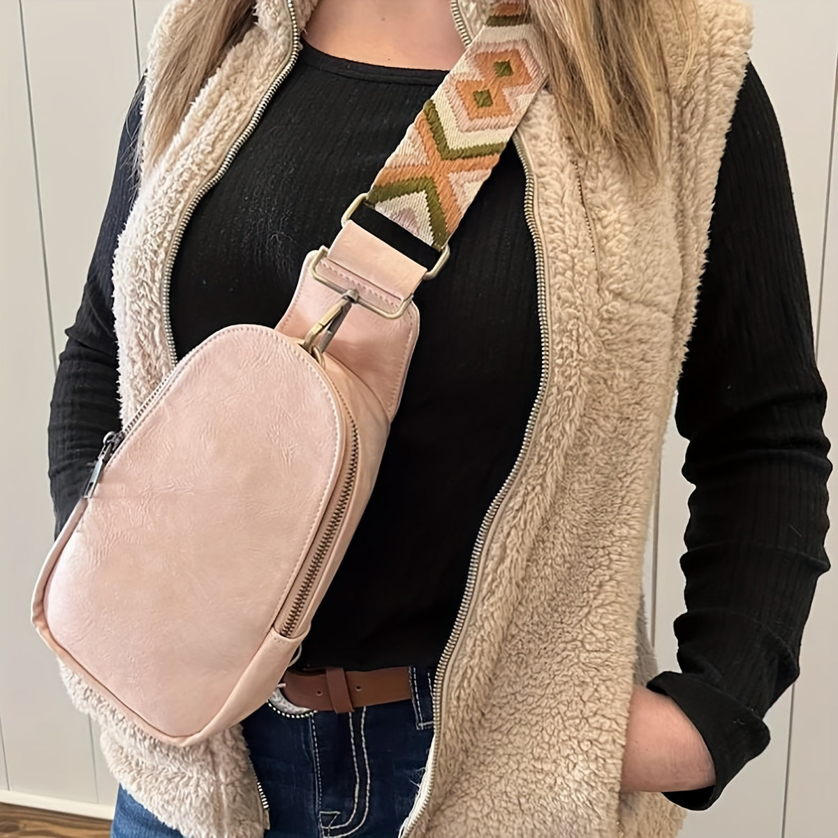 Embroidery Wide Strap Casual Chest Bag PU Crossbody Waist Bag