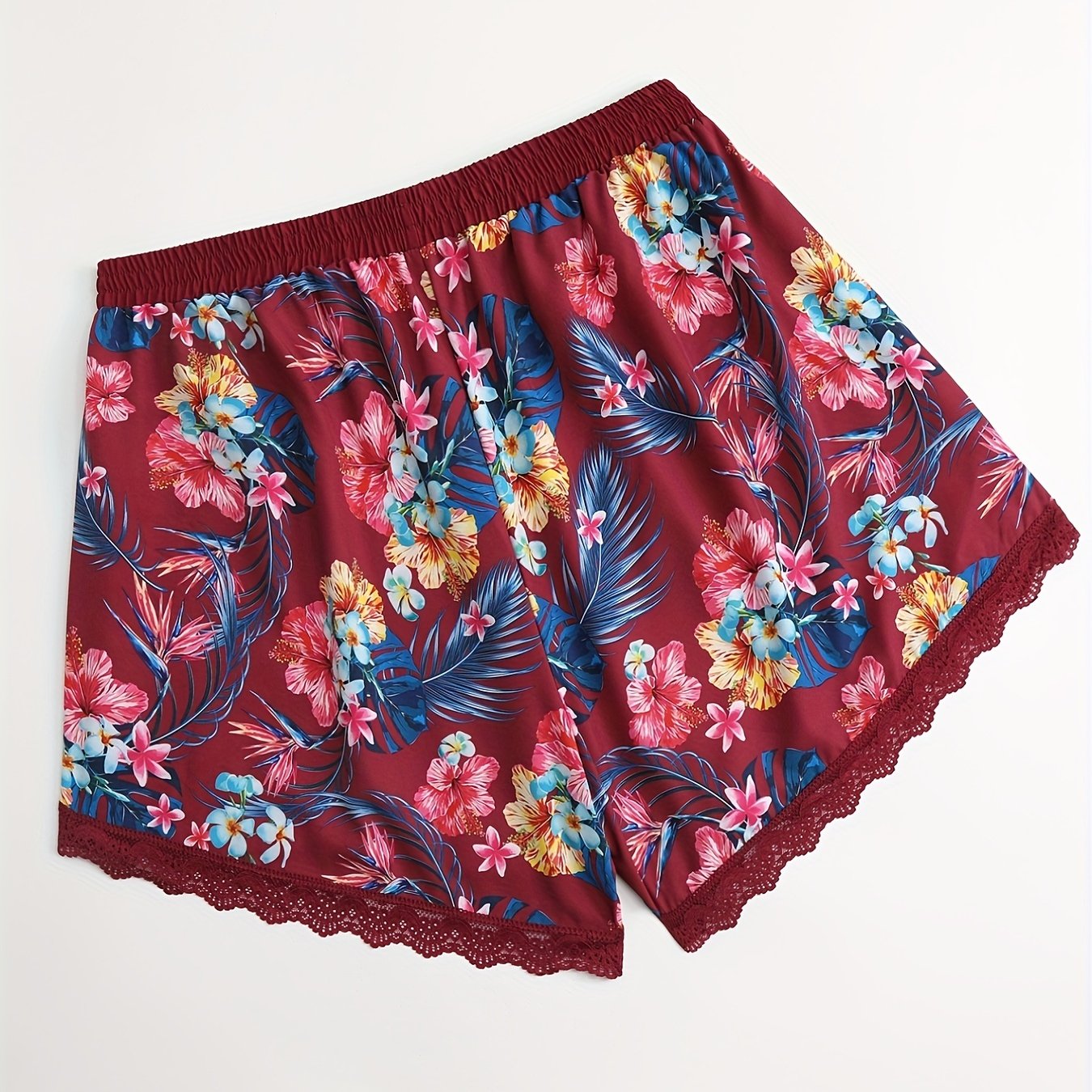  Boho Pajama Shorts Women's Plus Tropical Print Lace Trim Shorts