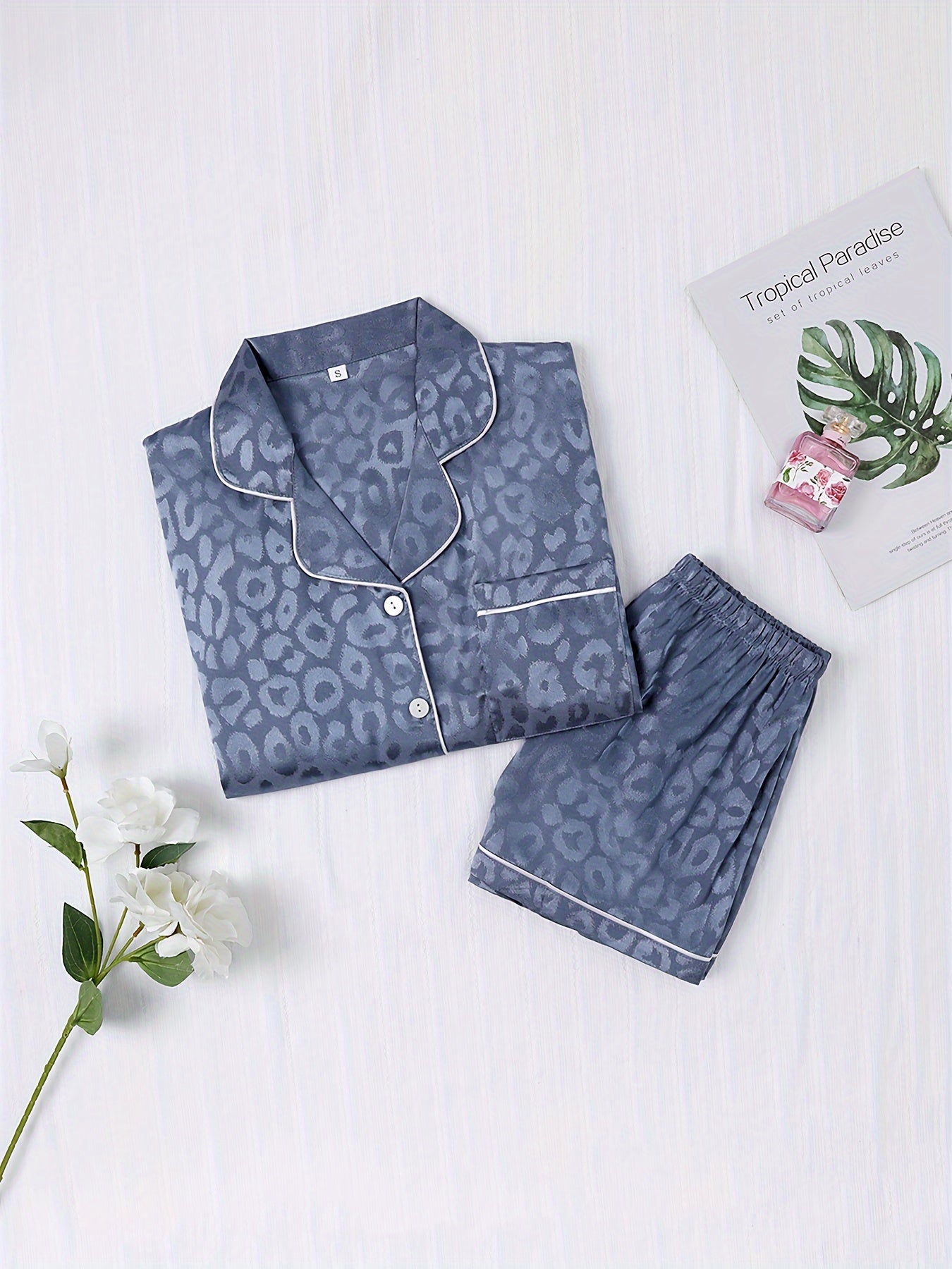 Leopard Print Pajamas Set Short Sleeve Top & Shorts