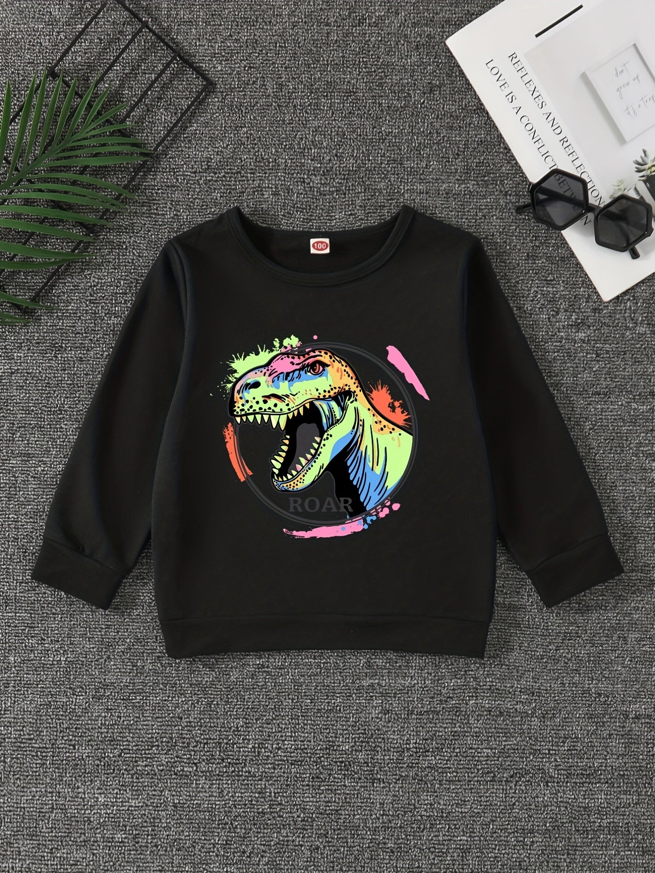 Dinosaur Print Boys Casual Pullover Sweatshirt Long Sleeve Crew Neck Tops