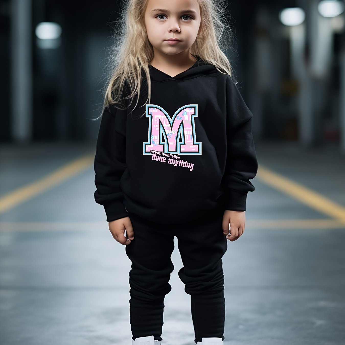 Girls Boys 2pcs M Letter Hooded Pullover Pants Set for Sports