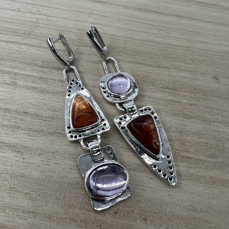 Geometric Metal Drop Earrings Synthetic Gems Bohemian Jewelry