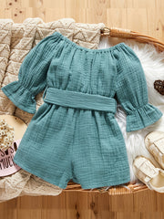 Toddler Off Shoulder Long Sleeve Romper with Wide Leg Pants