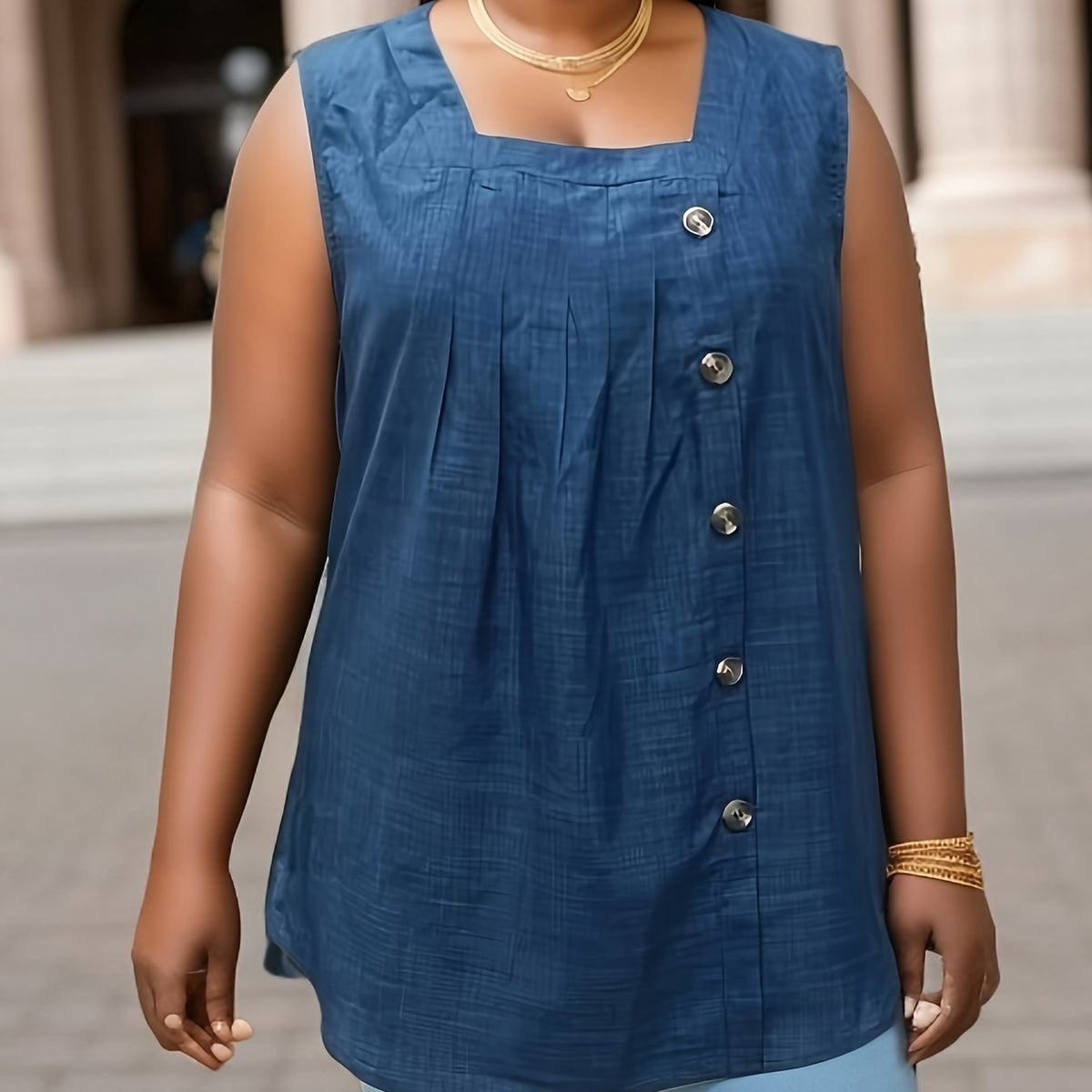  Solid Button Detail Square Neck Tunic Tank Top