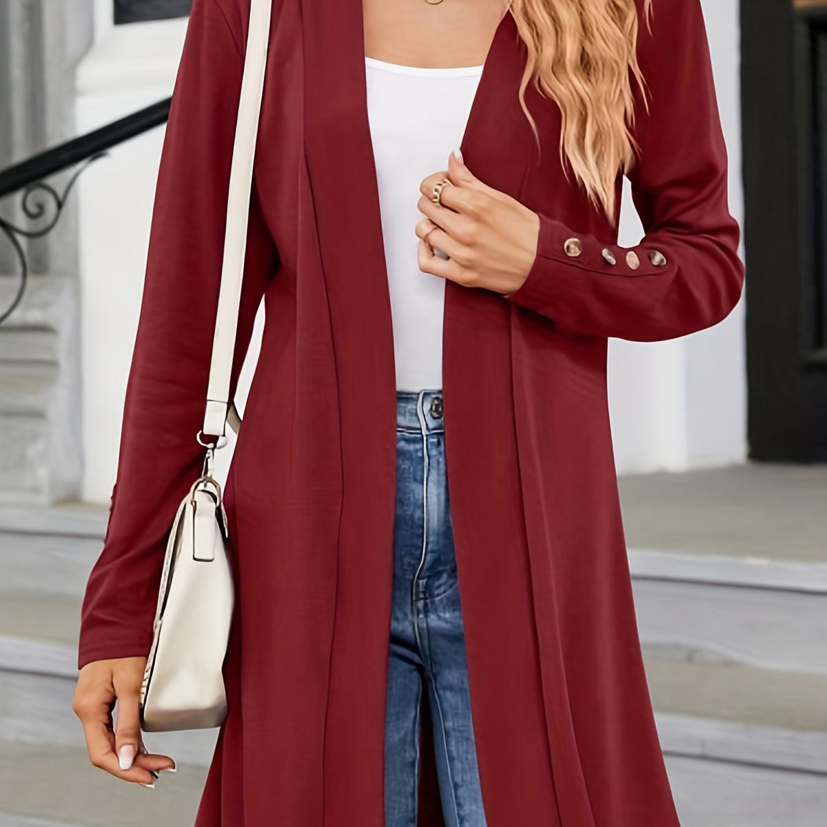  Solid Button Decor Open Front Cardigan