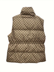 Retro Print Stand Collar Down Vest Lightweight Warm Thickened