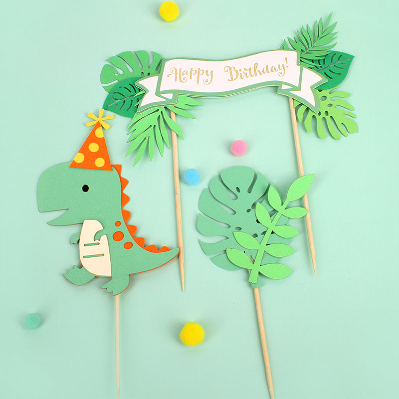 4pcs Dinosaur & Leaf Cake Topper - Green Birthday Christmas Halloween Gift