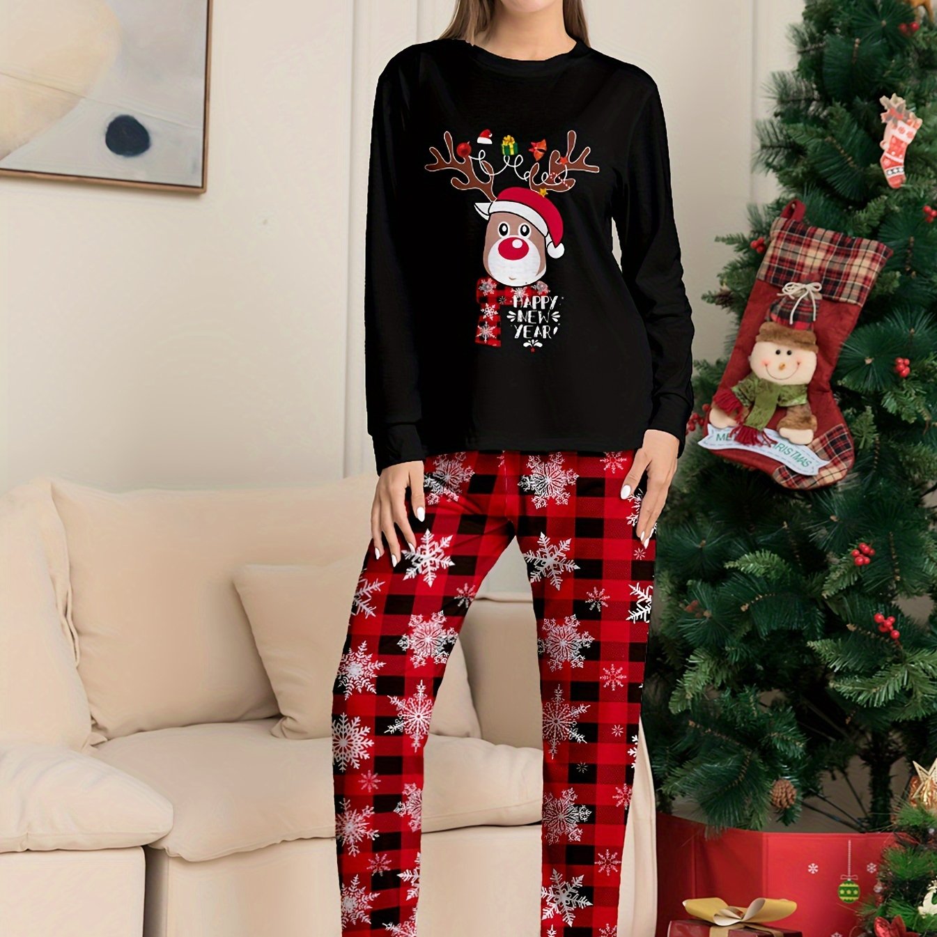 Christmas Elk Print Pajama Set Long Sleeve Top & Pants Women's Sleepwear