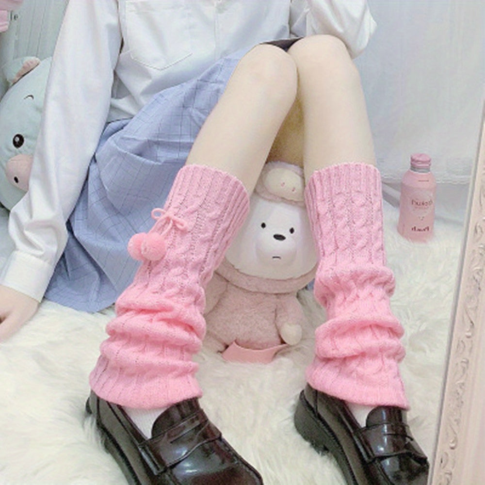 Rib Knit Leg Warmers Pompom Knee High Socks Women's Stockings
