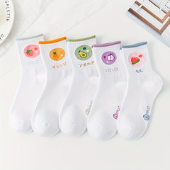 5 Pairs Cartoon Fruit Print Socks Women's Comfy Mid Tube Stockings