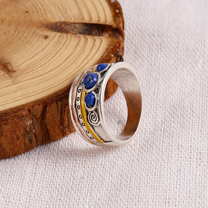Lapis Lazuli Ring Three Tone Meditation Spinning Band Silver Plated