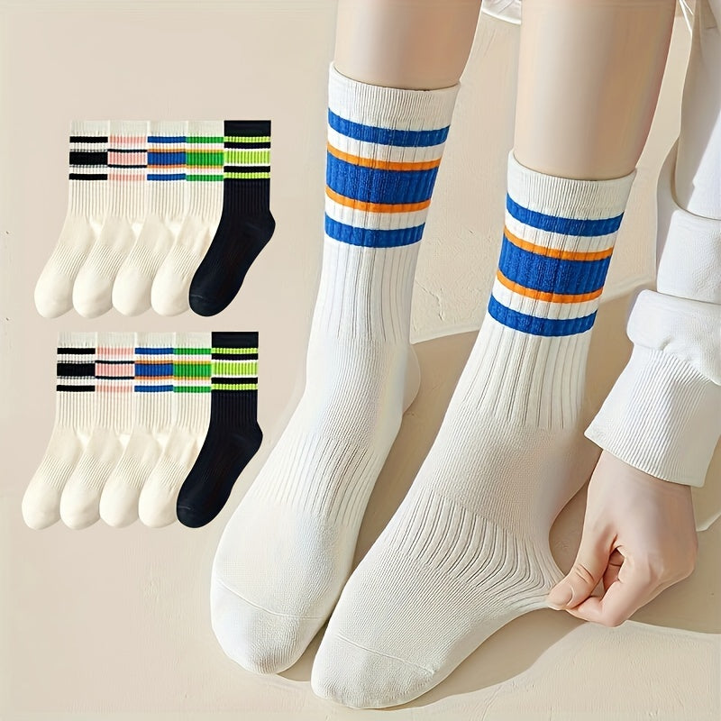10 Pairs Striped Crew Socks Women's Stockings