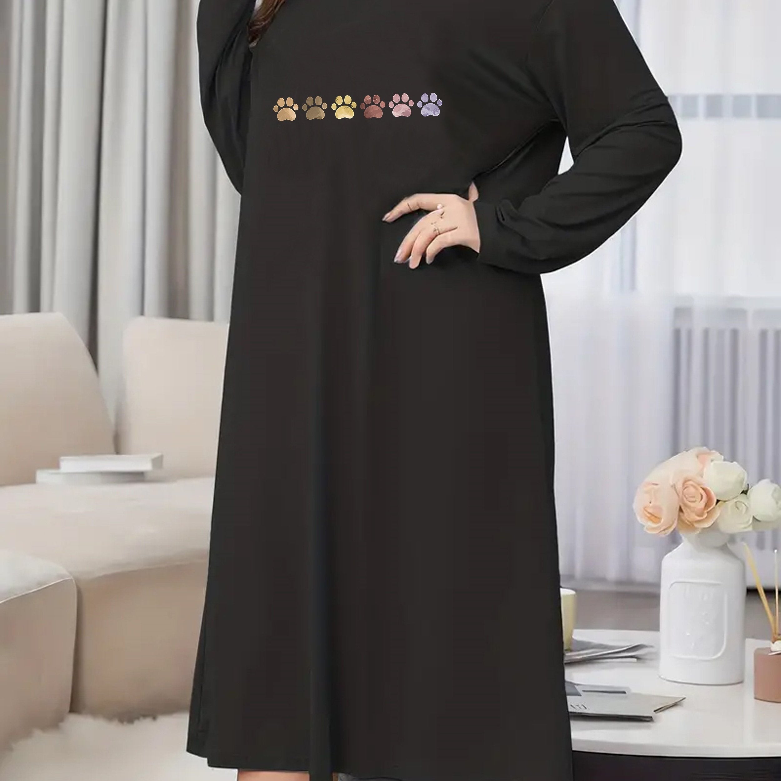  Nightdress Women's Plus Cat Paw Print Long Sleeve Round Neck
