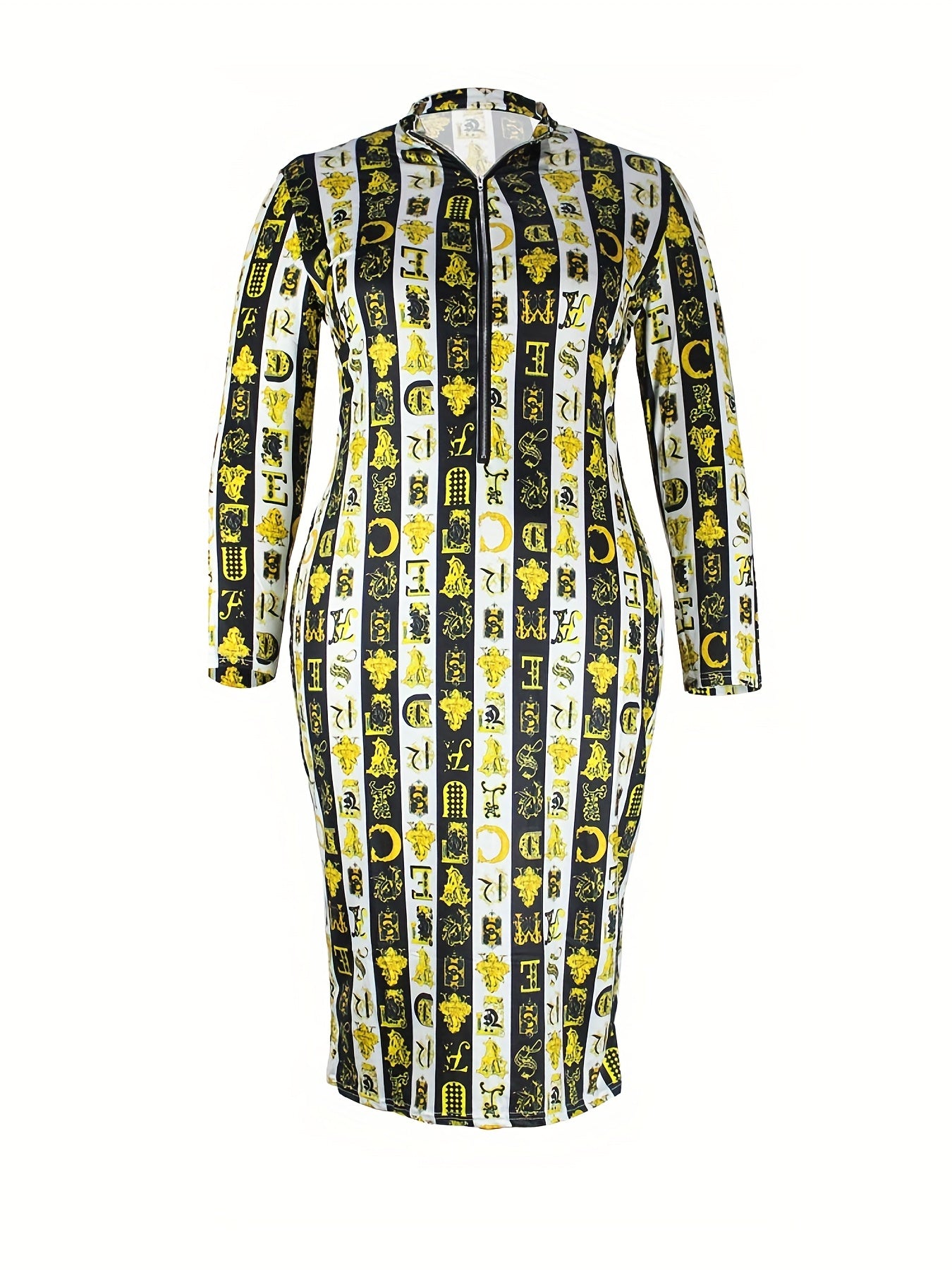  Stripe Print Half Zipper V Neck Bodycon Maxi Dress