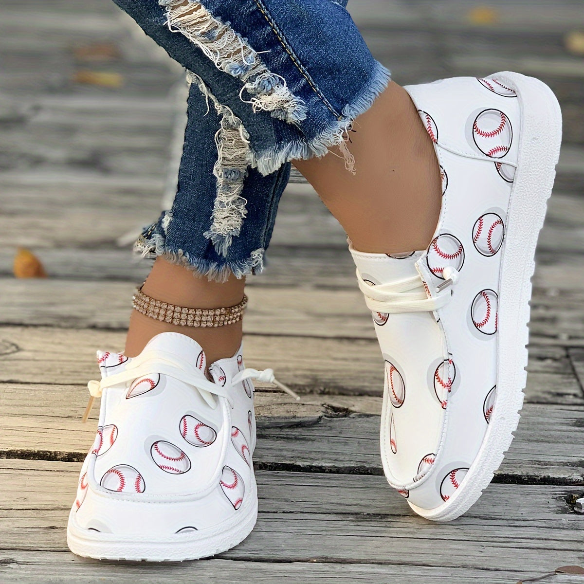 Women's Baseball Pattern Flat Shoes Lightweight Soft Sport Running Shoes