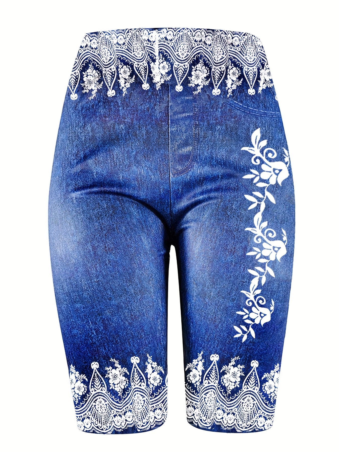  Denim & Floral Print Slim Fit Sporty Shorts