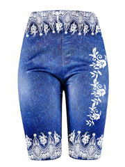  Denim & Floral Print Slim Fit Sporty Shorts