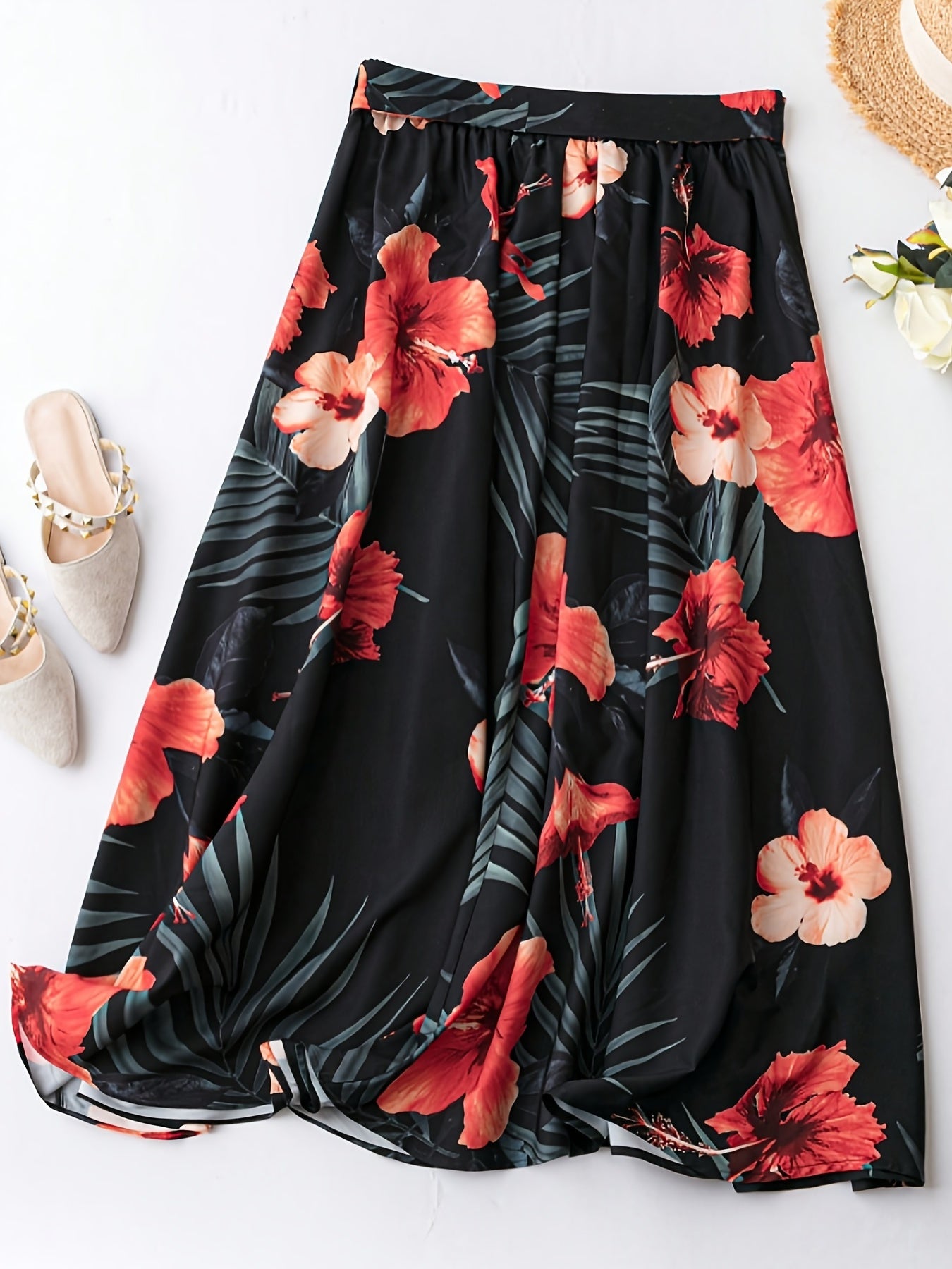  Tropical Print Elastic Waist Skirt With Belt