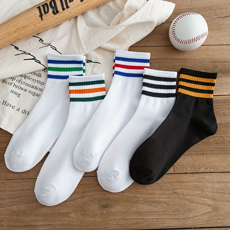 5 Pairs Striped Sports Socks Comfy Crew Socks Women's Stockings