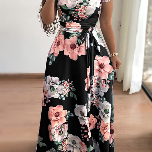  Floral Print Short Sleeve Maxi Dress With Belt