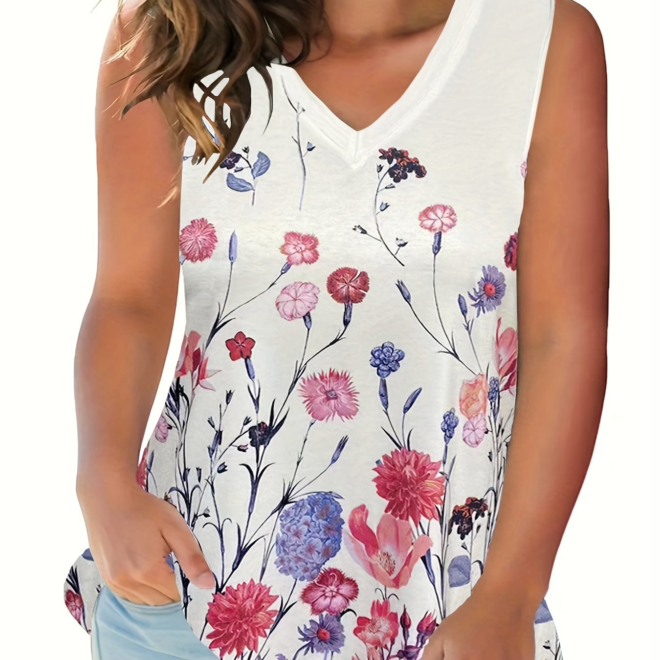  Floral Print V Neck Tank Top