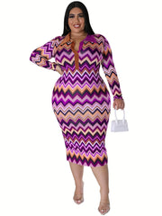 Geometric Print Turn Down Collar Bodycon Dress Plus Size