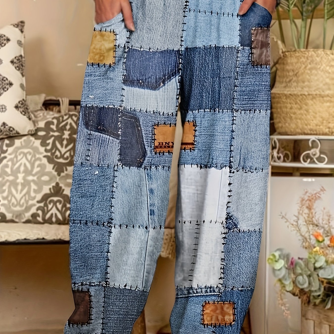  Denim Print Elastic High Rise Loose Fit Trousers
