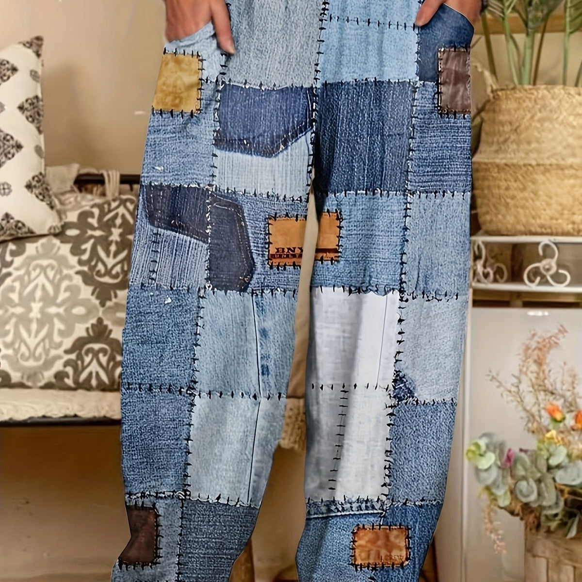  Denim Print Elastic High Rise Loose Fit Trousers