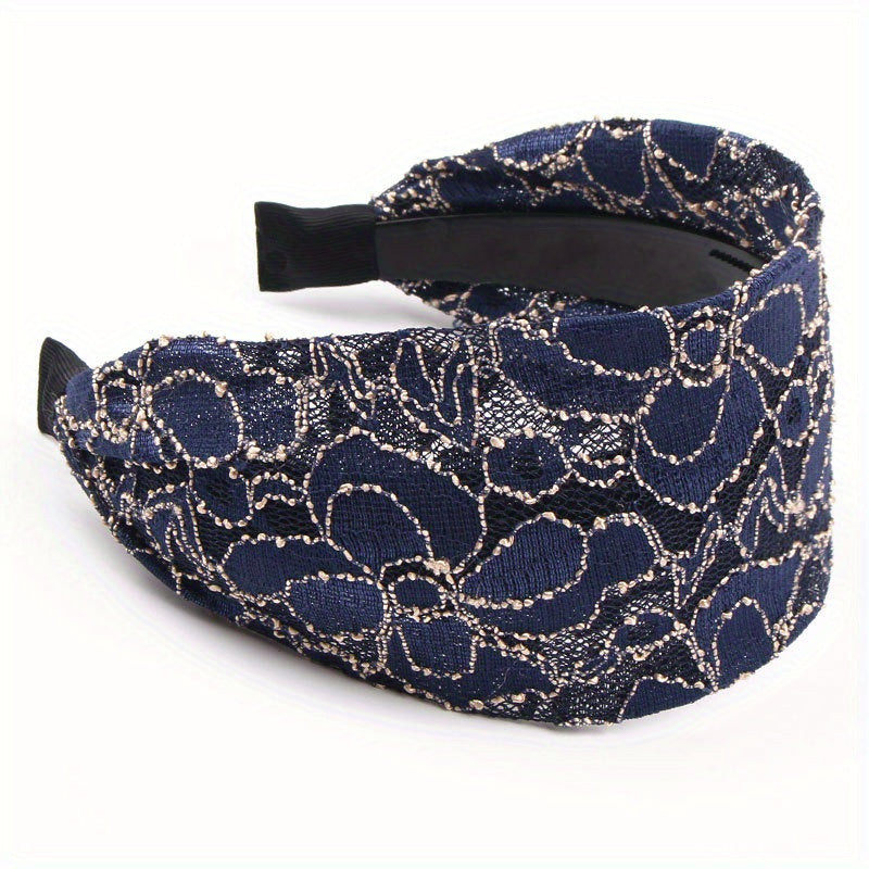 Wide Lace Hairband Embroidery Flower Retro Headband Elastic Hairbands