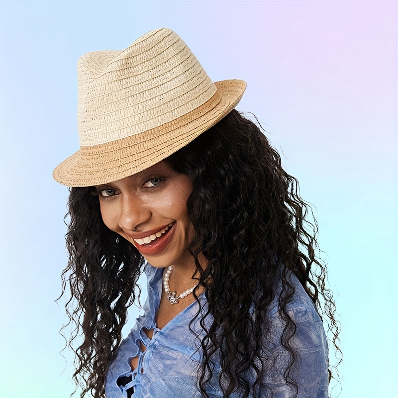 Khaki Block Sun Hat British Style Straw Jazz Hat