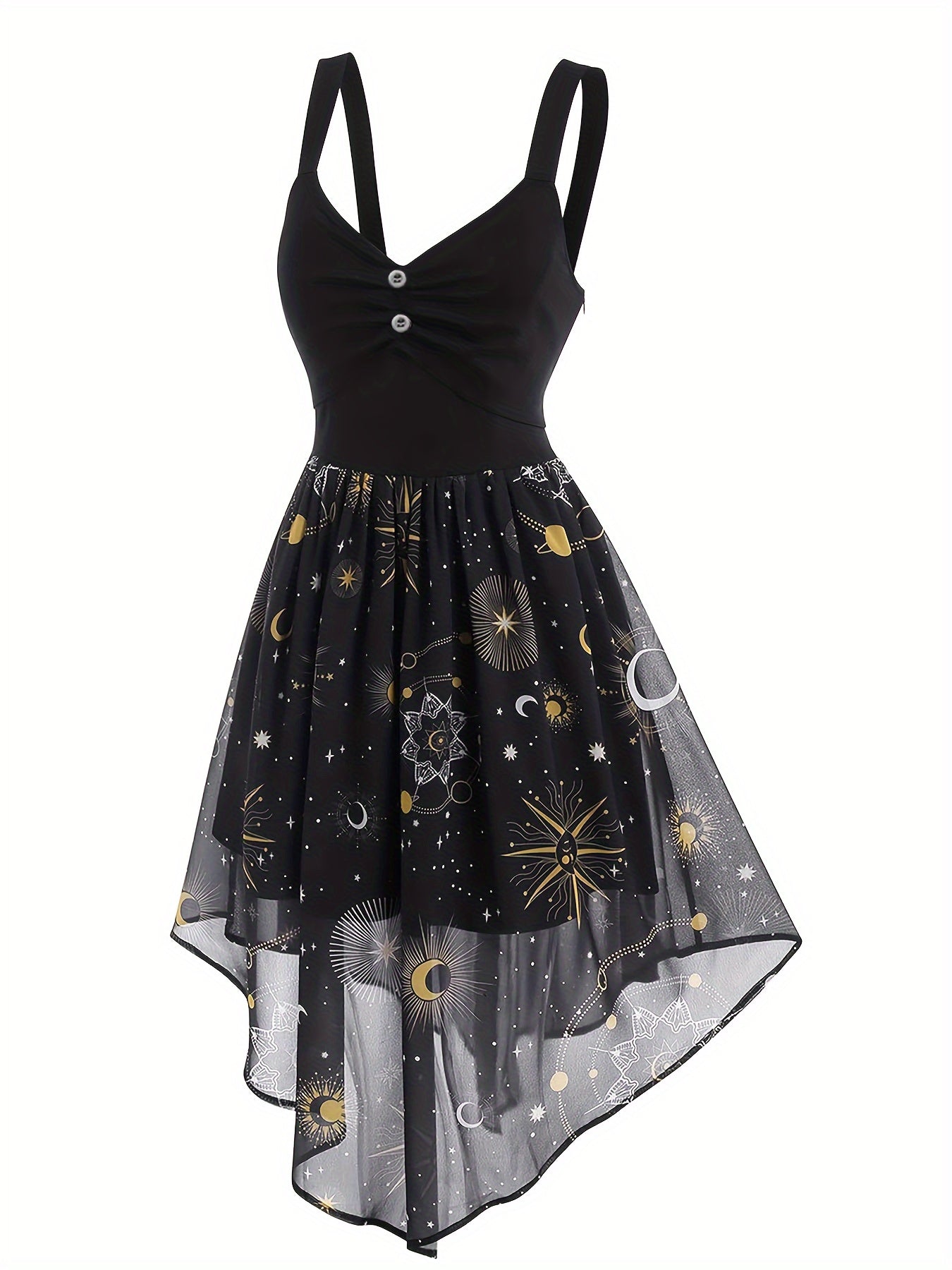  Moon & Sun Print Mesh Layered Cami Dress
