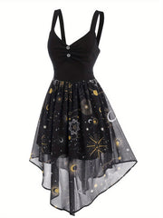  Moon & Sun Print Mesh Layered Cami Dress