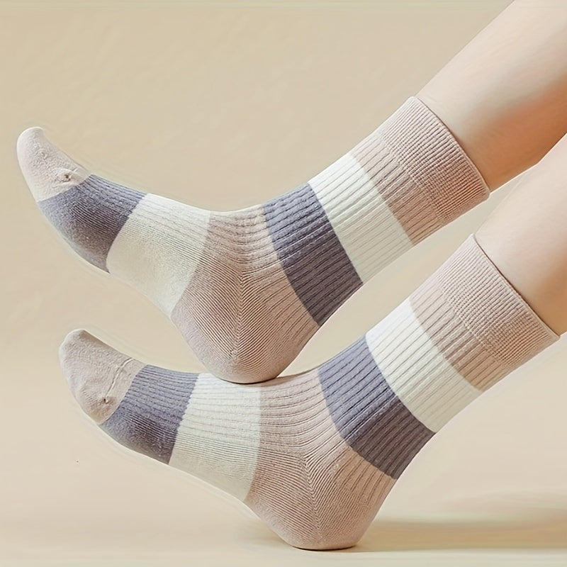 5 Pairs Striped Crew Socks Breathable Mid Tube Stockings