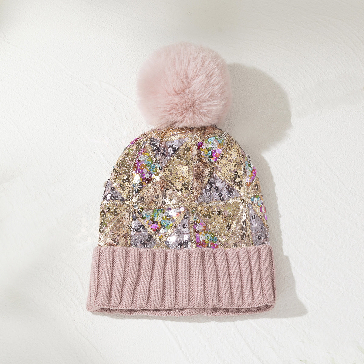 Sequin Pompom Beanie Warm Plush Knit Hat Soft & Comfortable Elastic Hats