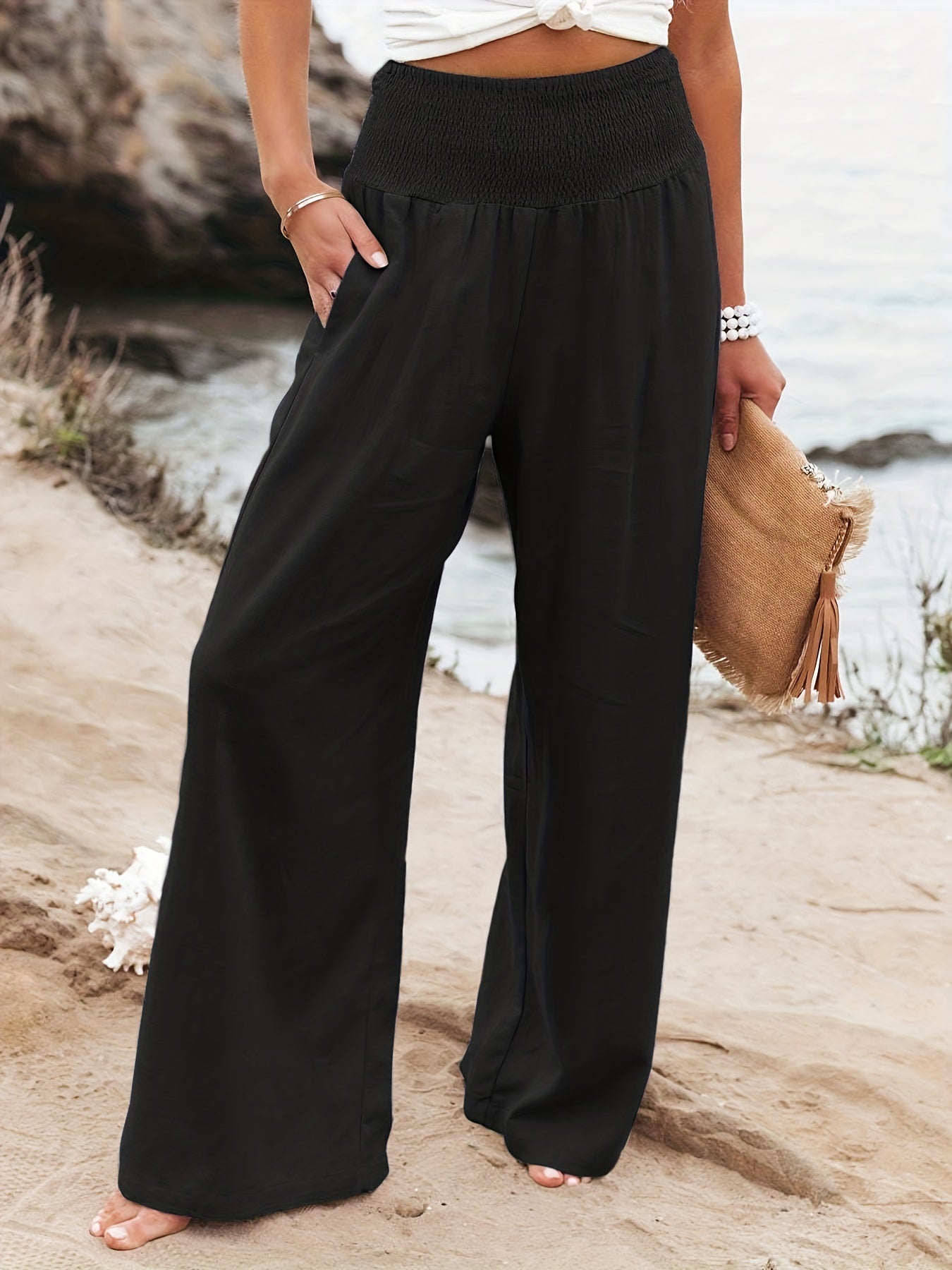 Solid Elastic Waist Wide Leg Pants for Women