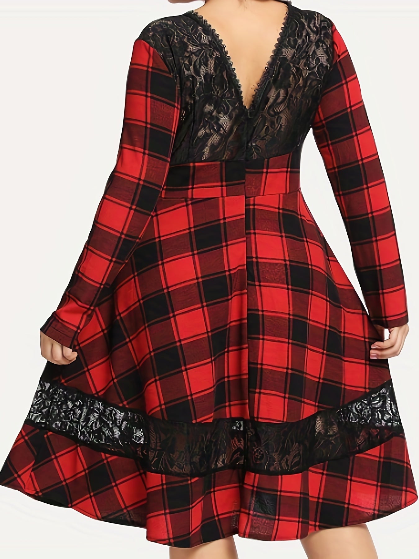  Retro Dress Women's Plus Lace Long Sleeve Round Neck Dress
