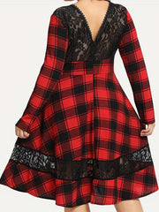  Retro Dress Women's Plus Lace Long Sleeve Round Neck Dress