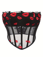 Lips Pattern Strapless Corset Mesh Tummy Control Body Shaper