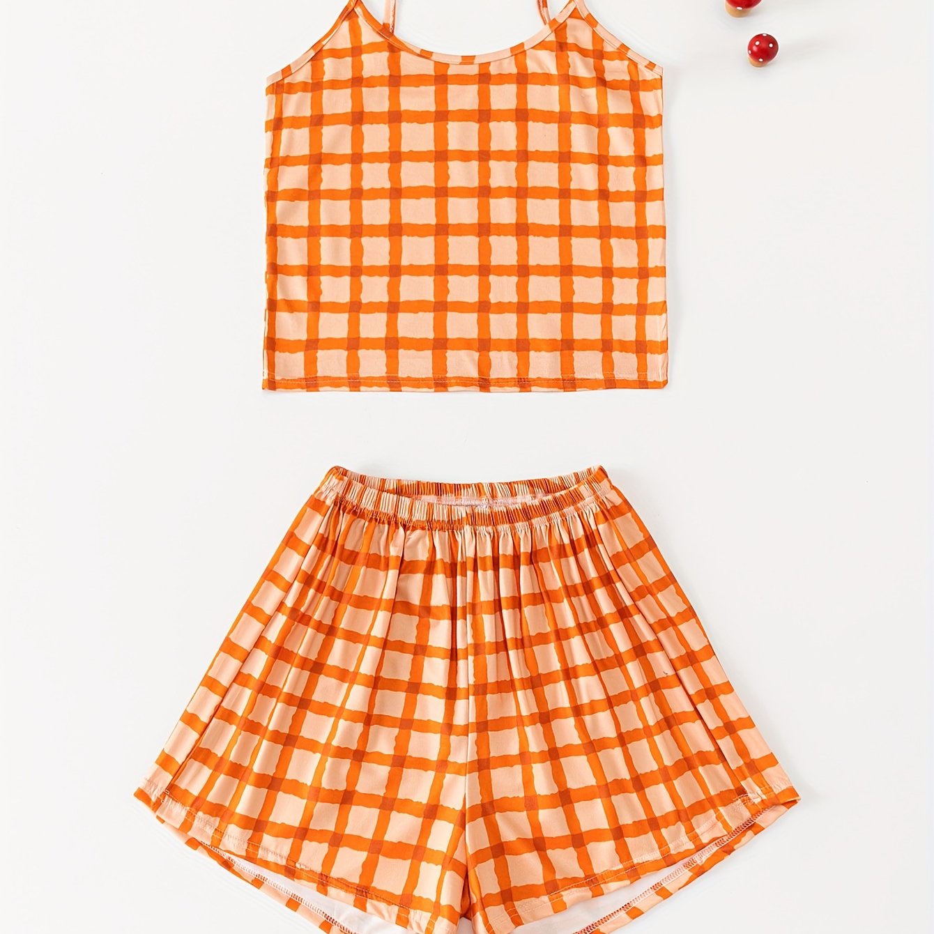 Plaid Print Pajama Set Crew Neck Cami Top & Elastic Waistband Shorts