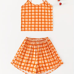 Plaid Print Pajama Set Crew Neck Cami Top & Elastic Waistband Shorts