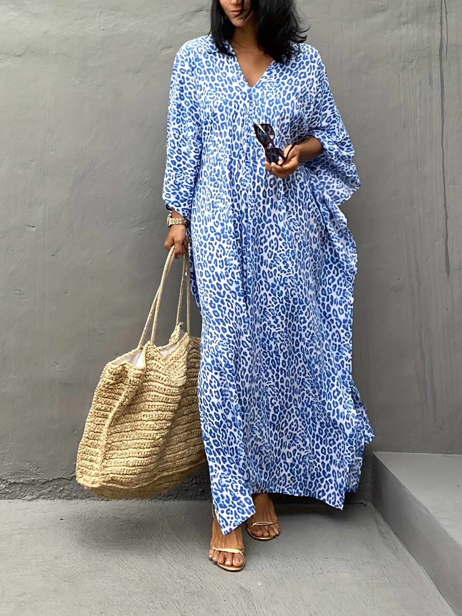 Leopard Print V Neck Maxi Beach Cover Up