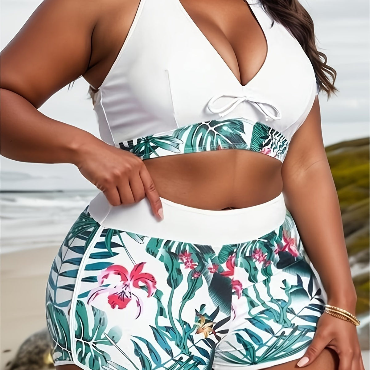  Tropical Print Bikini Set Halter Top & Shorts Swimsuit
