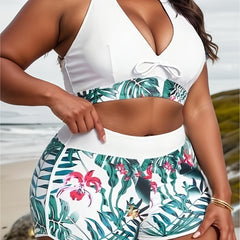  Tropical Print Bikini Set Halter Top & Shorts Swimsuit