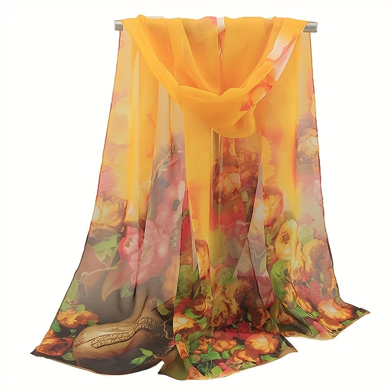 Vintage Gradient Chiffon Scarf Boho Flower Print Breathable Gauze Shawl
